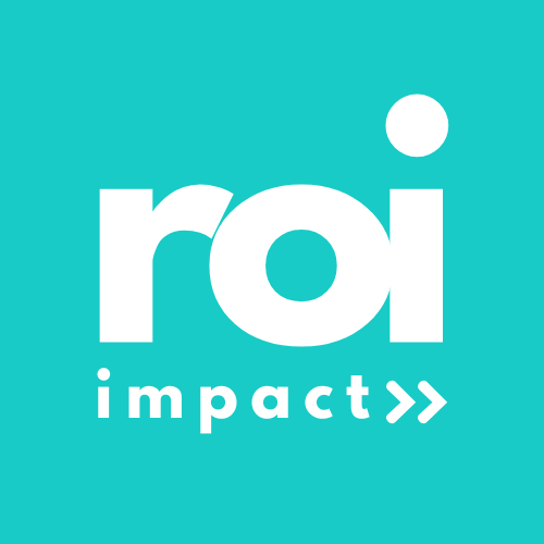 Logo roi impact en blanco sobe clor azul turquesa